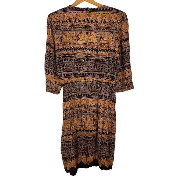 Vintage R.J. Stevens Brown Black Print Faux Wrap Midi Dress       Size: 12 - Picture 2 of 3